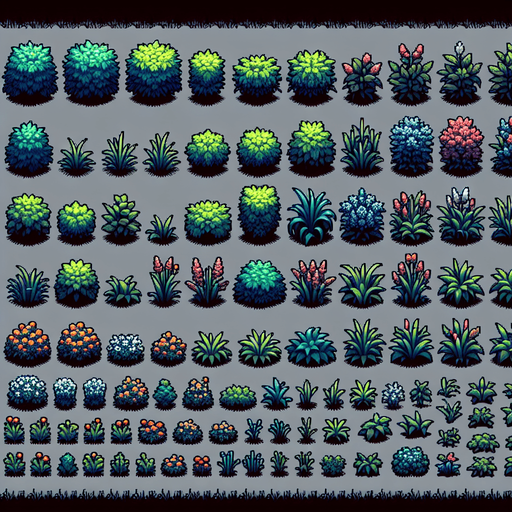 Create a sprite sheet showing various bushes and grass.  The design should exclusively include overhead views. Arrange the components on a dark background, neatly aligning each part in rows and columns for easy identification and use in game development..
Single Game Texture. In-Game asset. 2d. Blank background. High contrast. No shadows.