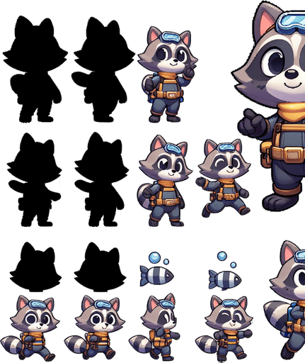 A spritesheet with a number of poses of a cartoonish raccon cub in scuba gear, smiling, walking, waiting, standing, ordering, turning, etc. all seen from the side.The spritesheet should be laid out in a rectangular grid with clear space between each individual sprite. Each sprite in the sheet should be around 300x600 pixels in size..
Single Game Texture. In-Game asset. 2d. Blank background. High contrast. No shadows.