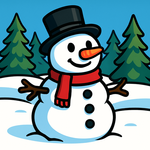a cartoon style 3d image of a snowman in a field with pine trees in the background. no people..
In-Game asset.  2d.  High contrast.  No shadows