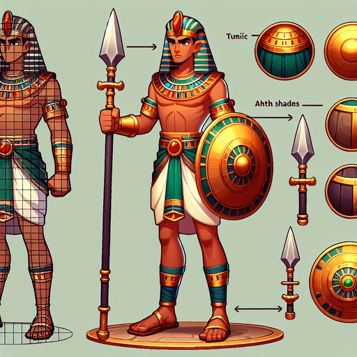 An animated image of an egyptian warrior.
Single Game Texture. In-Game asset. 2d. Blank background. High contrast. No shadows.