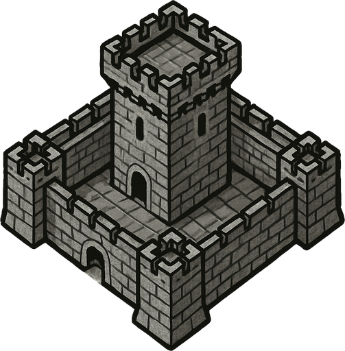17. century tower castle square shaped 1x1 medeval military base,grey coloured top-down look , simple design, medieval-semirealistic..
In-Game asset.  2d.  High contrast.  No shadows