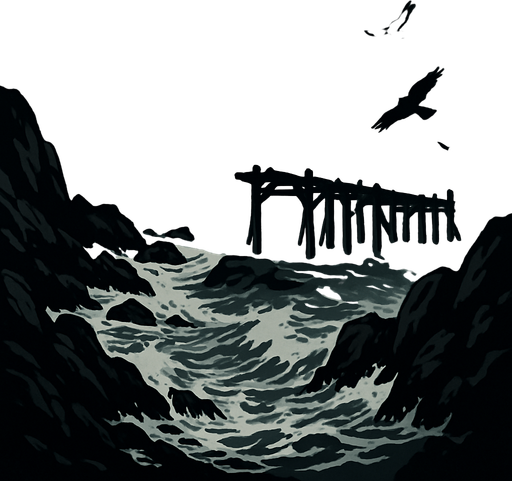 Stormy medieval coastline with jagged rocks and crashing waves, an old broken pier, sea mist, overcast skies, crows circling, moody and realistic.
In-Game asset.  2d.  High contrast.  No shadows