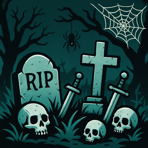 Scary graveyard with different things around it scary things spiders, web spider, skulls, swords, grass, trees..
In-Game asset.  2d.  High contrast.  No shadows