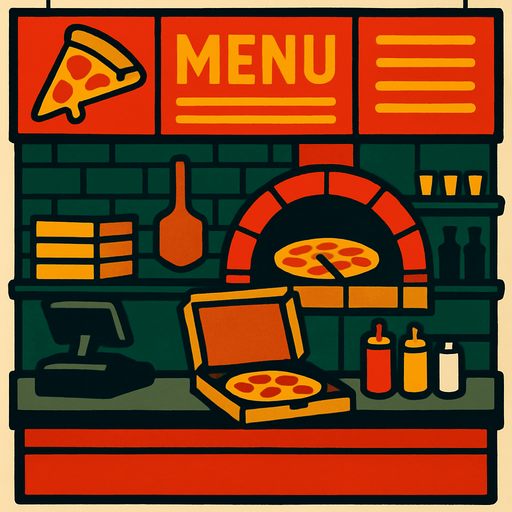 Pizza shop.
In-Game asset.  2d.  High contrast.  No shadows. 4k