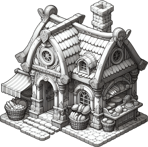 An bakery in a RTS fantasy style Single Game Texture. In-Game asset. 2d. Blank background. High contrast. No shadows.