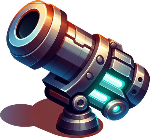 Type: 2D sprite (top-down or side view).
Style: Cartoonish or futuristic metallic cannon. colorful mixed colors
Animation: Slight recoil effect when shooting.
Size: Medium (fits at the bottom of the screen)..
Single Game Texture.  In-Game asset.  2d.  Blank background.  High contrast.  No shadows