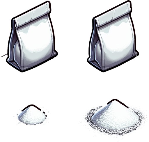 A bag of white sugar, open and with a pile of the sugar in front of it..
Single Game Texture. In-Game asset. 2d. Blank background. High contrast. No shadows.