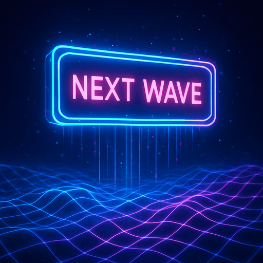 neon cyberpunk glowing NEXT WAVE button blue pink futuristic videogame hologram wave projection simulation