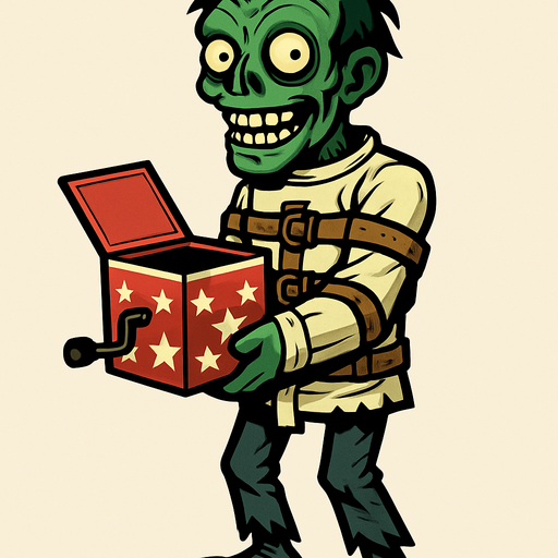 Zombi a cuerpo completo de piel verdosa y pálida, con cabello desordenado y ojos saltones, viste una camisa de fuerza con correas de cuero alrededor de sus brazos y torso. sostiene una caja de sorpresas roja y blanca con estrellas, que tiene una manivela en un lado. Su expresión es de una sonrisa macabra.
In-Game asset.  2d.  High contrast.  No shadows