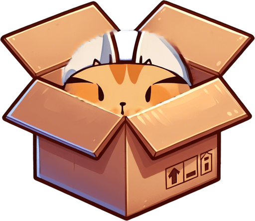 Cute Chibi ginger cat's head and ears look from the box into the camera. Cheeky, happy.