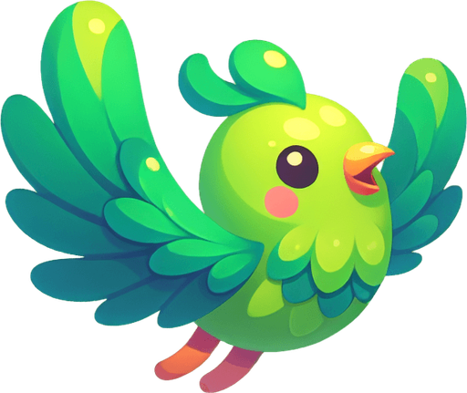 A happy little green bird flying..
Single Game Texture. In-Game asset. 2d. Blank background. High contrast. No shadows.