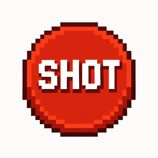 un boton rojo que en medio dice shot hecho con pixeles.
In-Game asset.  2d.  High contrast.  No shadows