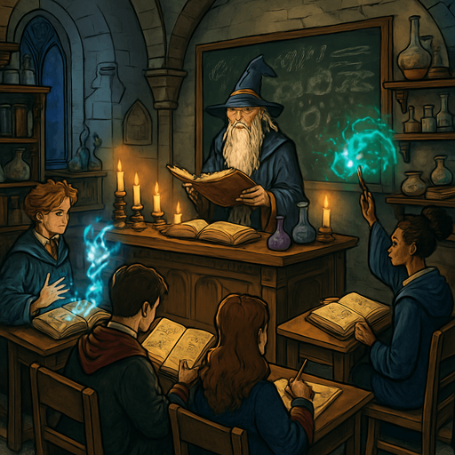 Clase estudiantil mágica algo más detallada muy realista en 2D.
In-Game asset.  2d.  High contrast.  No shadows