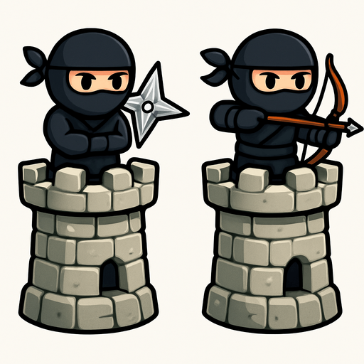 Towers have ninjas assets one have star and one have bow. HD colors.
In-Game asset.  2d.  High contrast.  No shadows