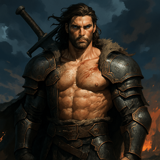 A towering, hypermasculine medieval warrior standing heroically on a battlefield at dusk, clad in weathered steel armor with golden engravings, his broad chest exposed under a torn fur-lined cloak, muscles defined and glistening with sweat and blood. Long, slightly wavy dark brown hair flows in the wind, a rugged chiseled jawline with a trimmed beard, piercing ice-blue eyes filled with intensity. Scars on his shoulder and a massive greatsword resting on his back. Background features a stormy sky and burning ruins, a dramatic lighting highlighting the power in his posture. Cinematic, realistic, highly detailed, epic composition, moody atmosphere --realistic style, medieval fantasy, 4K, ultra-detailed, volumetric lighting. realistic.
In-Game asset.  2d.  High contrast.  No shadows