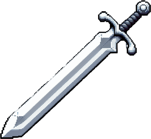 A pixel art medieval sword with a silver blade and gray handle. Simple design with a short crossguard. Include 4 frames of slash effect animation showing a white arc sweeping in front of the sword. Each frame of the arc covers about 45 degrees of motion, creating a 180-degree slash when played in sequence. Clean, high-contrast design..
Single Game Texture. Weapon sprite sheet. 16x16 pixels per frame. 4 frames horizontally aligned. Pixel art. Transparent background. Game weapon asset. No anti-aliasing. High contrast. Clean edges. White and gray color palette. 2D game element.