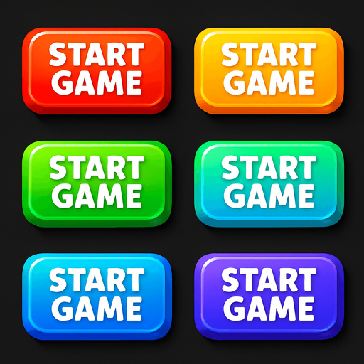 "start game" buttons. rainbow colors in each button. HD colors. 
In-Game asset.  High contrast.  No shadows. 3D