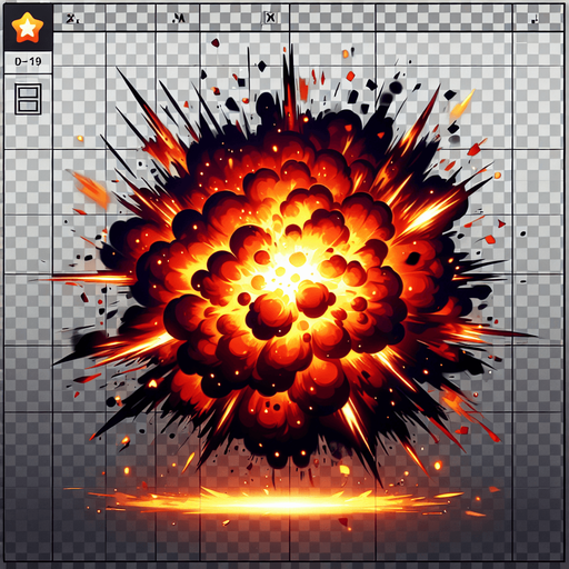 explosion VFX, transparent.
Single Game Texture.  In-Game asset.  2d.  Blank background.  High contrast.  No shadows