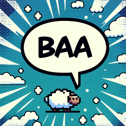 a white text bubble that says "baa," comic book style..
Single Game Texture. In-Game asset. 2d. Blank background. High contrast. No shadows.