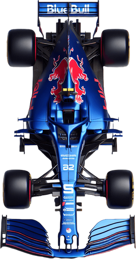 RedBull F1 race car. Top view. Royalblue body with Shinyred lines on sides. Silver bull-body. Silver ,,BlueBull" sponsors..
Single Game Texture. In-Game asset. 2d. Blank background. High contrast. No shadows.