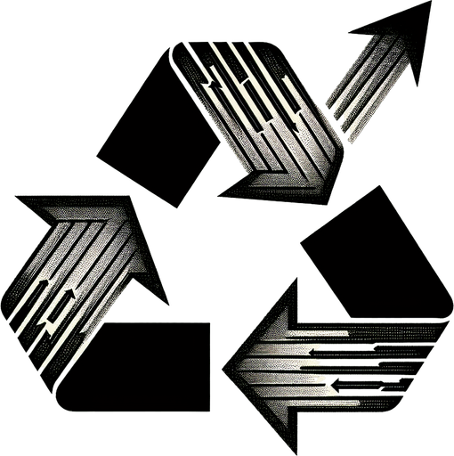 Could also be a stylized recycling symbol combined with an upward arrow or a plus sign..
Single Game Texture.  In-Game asset.  2d.  Blank background.  High contrast.  No shadows