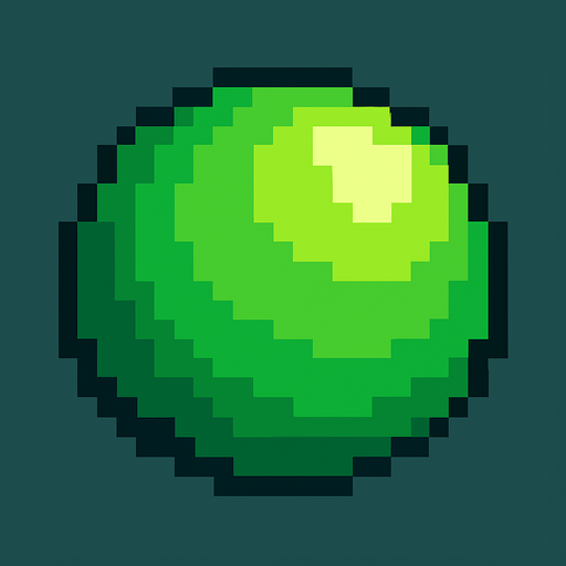 Bir top pixel art yeşil renkli.
In-Game asset.  2d.  High contrast.  No shadows