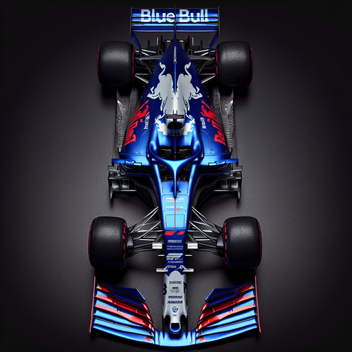 RedBull F1 race car. Top view. Royalblue body with Shinyred lines on sides. Silver bull-body. Silver ,,BlueBull" sponsors..
Single Game Texture. In-Game asset. 2d. Blank background. High contrast. No shadows.