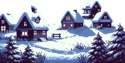gif pixel art for game background, snow on the ground, houses in the far background and moonligh, trees on the left and right, cozy Christmas atmosphere Single Game Texture. In-Game asset. 2d. Blank background. High contrast. No shadows.