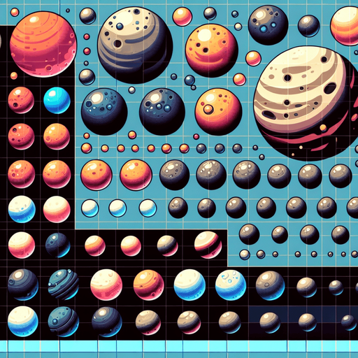 A spritesheet of various planets that are enemy characters or obstacles in a space game. laid out in a grid with blank space between them..
Single Game Texture. In-Game asset. 2d. Blank background. High contrast. No shadows.