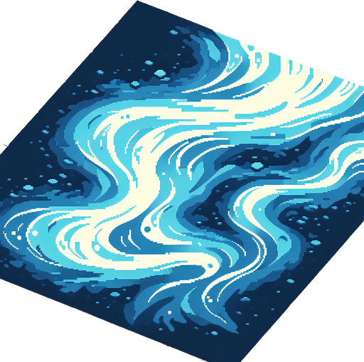 blue background representing a stylized flowing river seen directly from above. use various shades of light and dark pixels to represent the flowing currents of the river. keep the entire background minimalist and simplified. bird-eye perspective. pixelated. 8 bit.
Single Game Texture. In-Game asset. 2d. Blank background. High contrast. No shadows.