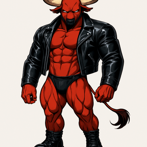 idle animation hunky Minotaur man Cyberpunk manga, minotaur monster hunk, shiny black leather biker jacket longsleeves shirtless muscles, jockstrap combat boots, Background removed, "Full-body character, entirely in frame, no cropping of face, head, or feet" "Complete character visible, from horns to hooves, fully centered in the image" "Entire character, including face and boots, fully within the frame" Character fully contained within a square frame, no edges cut off fashion model idle pose