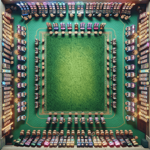 Typical cassino floor with green carpet and slot machines lined on the edges of the screen. It should fit the entirety of the screen. It is a topdown view. Single Game Texture. In-Game asset. 2d. Blank background. High contrast. No shadows.