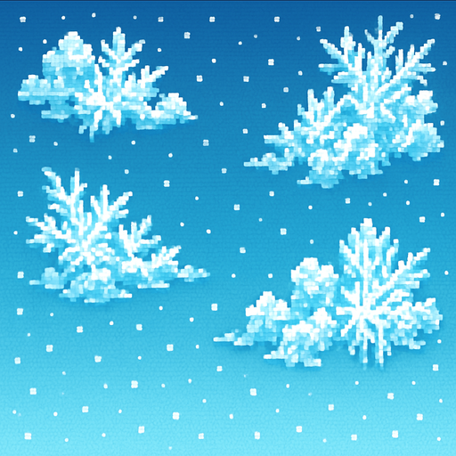 Winter sky, ice-crystal clouds, cold blue-white gradient, snowy atmosphere, frosty background, 2D pixel art.
In-Game asset.  2d.  High contrast.  No shadows