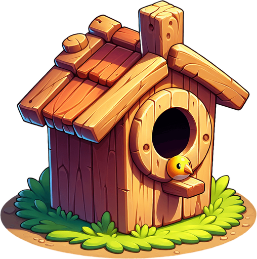 Make a cartoon-style birdhouse obstacle for a helicopter game. The birdhouse should have a wood texture, a circular hole, a tiny roof, and bright colors. Optionally add a little cartoon bird peeking out..
Single Game Texture.  In-Game asset.  2d.  Blank background.  High contrast.  No shadows