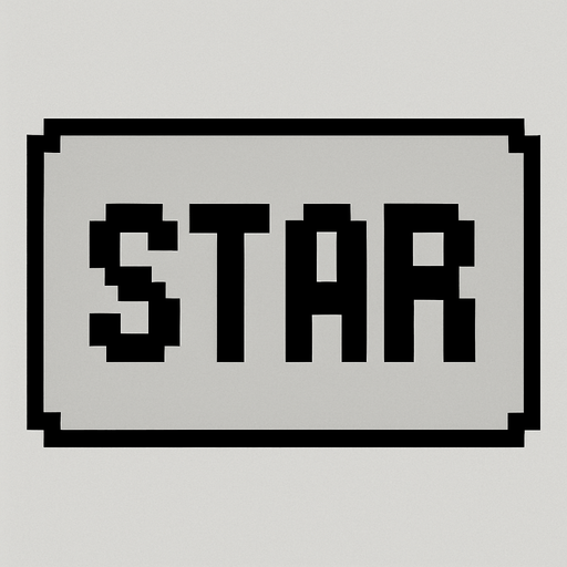 Rectángulo gris con bordes negros que en el sentro tenga la palabra Star pixelada.
In-Game asset.  High contrast.  No shadows