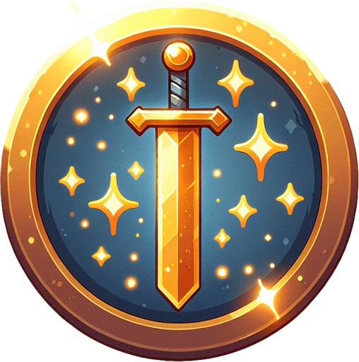 Golden glittery magic sword button..
Single Game Texture. In-Game asset. 2d. Blank background. High contrast. No shadows.