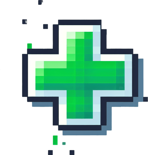 green plus sign. Single Game Texture. In-Game asset. 2d. Blank background. High contrast. No shadows. pixelated. 8 bit