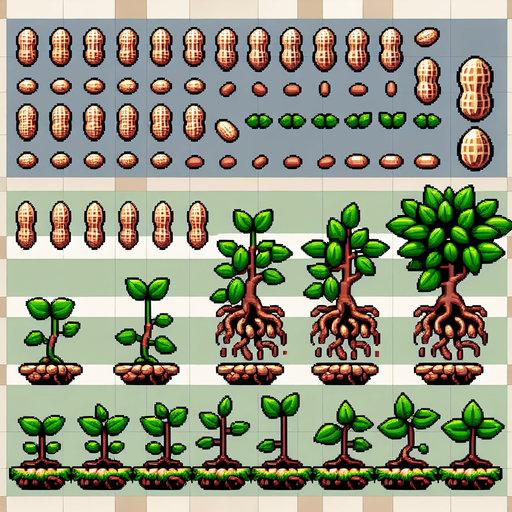 A spritesheet showing a peanutplant in various stages of germantion, from seed over sapling and to full grown plant with ripe peanuts. The sprites should be laid out in a rectangular grid with blank space between them..
Single Game Texture. In-Game asset. 2d. Blank background. High contrast. No shadows.