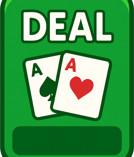 A rectangular green button with 2:3 ratio. Rounded corners. The word ‘Deal’ at top with a couple of small playing cards underneath. Blank area at the bottom. 
In-Game asset.  2d.  High contrast.  No shadows