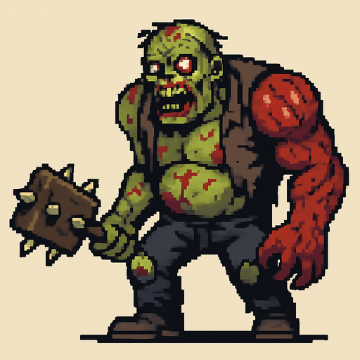 Post Apocalyptic boss zombie pixel art less pixel.
In-Game asset.  2d.  High contrast.  No shadows