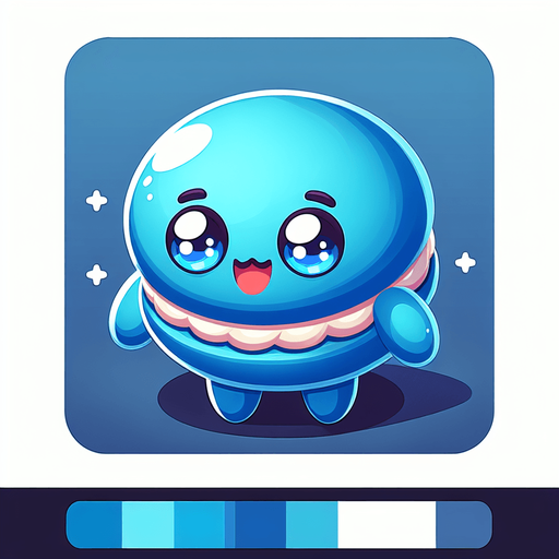 macaron bleu avec un visage mignon..
Single Game Texture.  In-Game asset.  2d.  Blank background.  High contrast.  No shadows