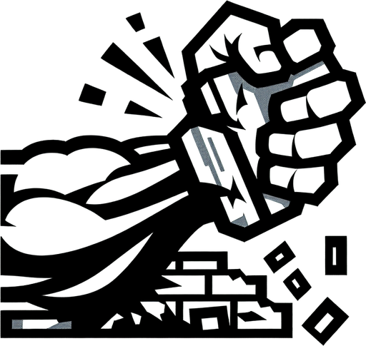 create a hand icon breaking a brick in half.
Single Game Texture.  In-Game asset.  2d.  Blank background.  High contrast.  No shadows