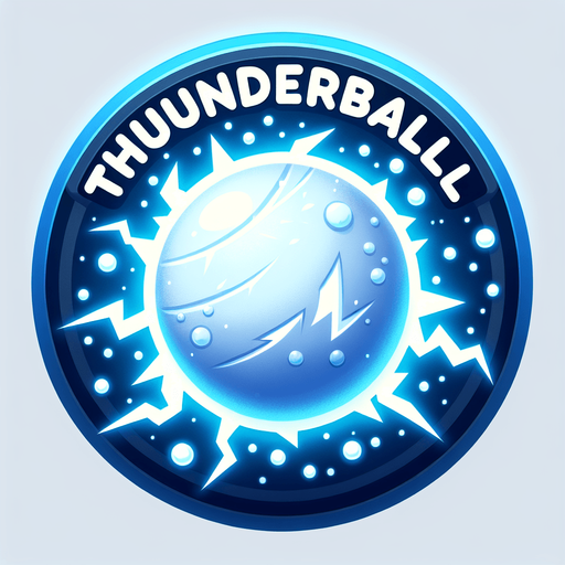 Icon for a electified snowball, on a circle, with the text „Thunderball“ at top, cartoon, christmas style Single Game Texture. In-Game asset. 2d. Blank background. High contrast. No shadows.
