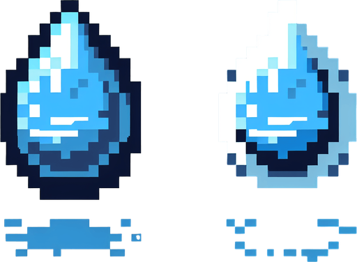 8 bit water droplet no shadows.
Single Game Texture. In-Game asset. 2d. Blank background. High contrast. No shadows.