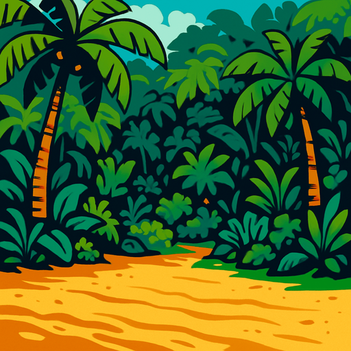 The beach of a tropical island, though the ocean is not to be seen in the background there is just a vibrant jungle.
In-Game asset.  2d.  High contrast.  No shadows