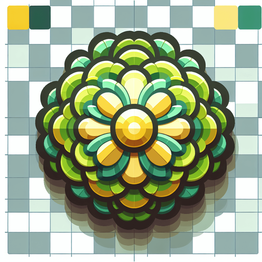 A round green and yellow flower. Top down view.
Single Game Texture. In-Game asset. 2d. Blank background. High contrast. No shadows.