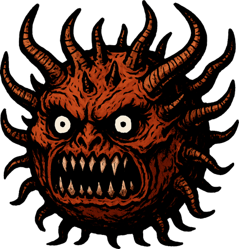un demonio bola grande 2d y semi realista con muchos cuernos y que sus ojos sean negros con pupilas blancas.
In-Game asset.  2d.  High contrast.  No shadows