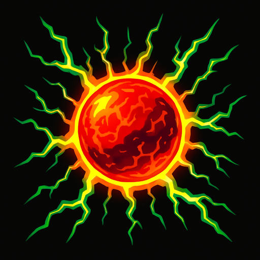 An solid plasma ball of electrical force emanating power filled with reds yellows and green electric power.
In-Game asset.  2d.  High contrast.  No shadows