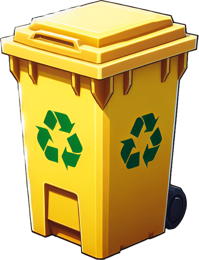 Face view of an open Yellow recycle bin with a green recycling sign..
In-Game asset. 2d. Blank background. High contrast. No shadows.
