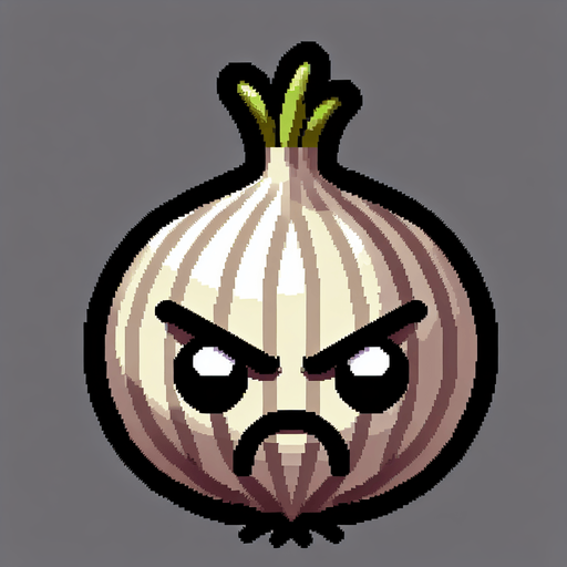 An angry-looking onion.
Single Game Texture. In-Game asset. 2d. Blank background. High contrast. No shadows.